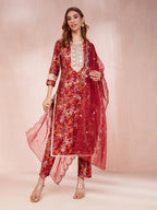 Yufta Maroon Floral Print Sequins_Work Straight Kurta Trouser And Dupatta Set | Grocsy