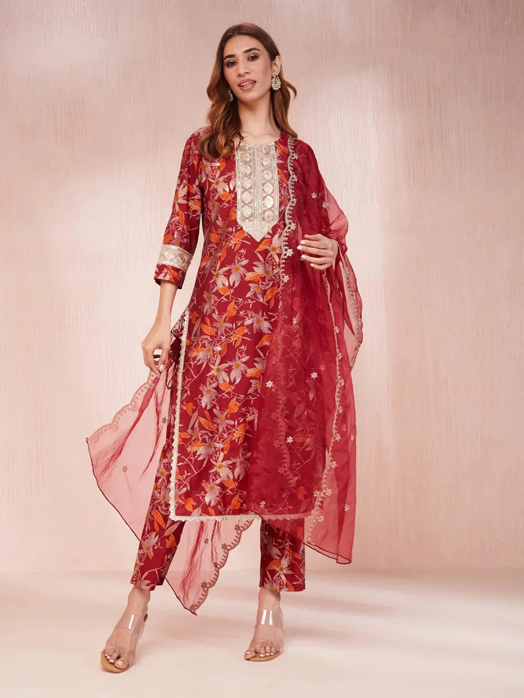 Yufta Maroon Floral Print Sequins_Work Straight Kurta Trouser And Dupatta Set | Grocsy