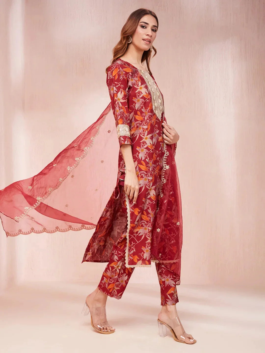 Yufta Maroon Floral Print Sequins_Work Straight Kurta Trouser And Dupatta Set | Grocsy