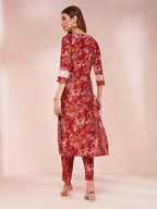 Yufta Maroon Floral Print Sequins_Work Straight Kurta Trouser And Dupatta Set | Grocsy