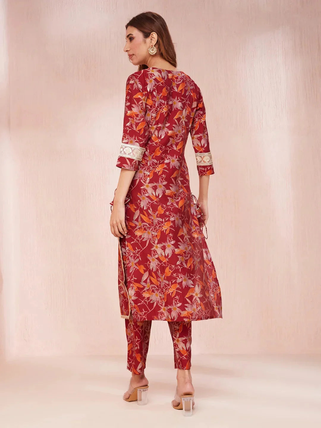 Yufta Maroon Floral Print Sequins_Work Straight Kurta Trouser And Dupatta Set | Grocsy