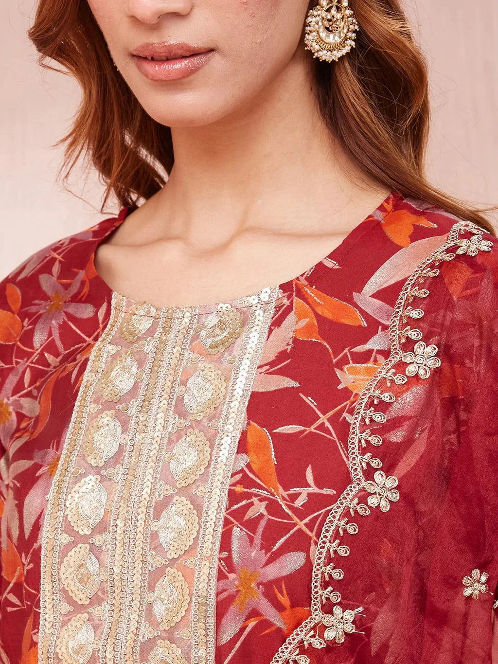 Yufta Maroon Floral Print Sequins_Work Straight Kurta Trouser And Dupatta Set | Grocsy
