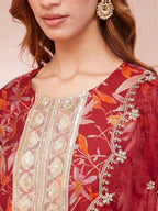 Yufta Maroon Floral Print Sequins_Work Straight Kurta Trouser And Dupatta Set | Grocsy