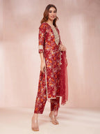 Yufta Maroon Floral Print Sequins_Work Straight Kurta Trouser And Dupatta Set | Grocsy