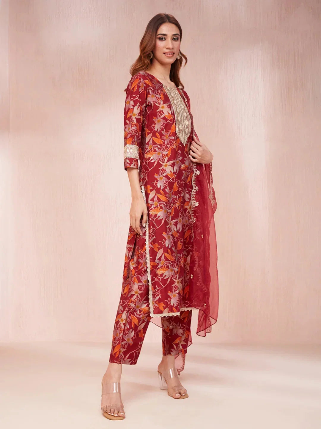 Yufta Maroon Floral Print Sequins_Work Straight Kurta Trouser And Dupatta Set | Grocsy