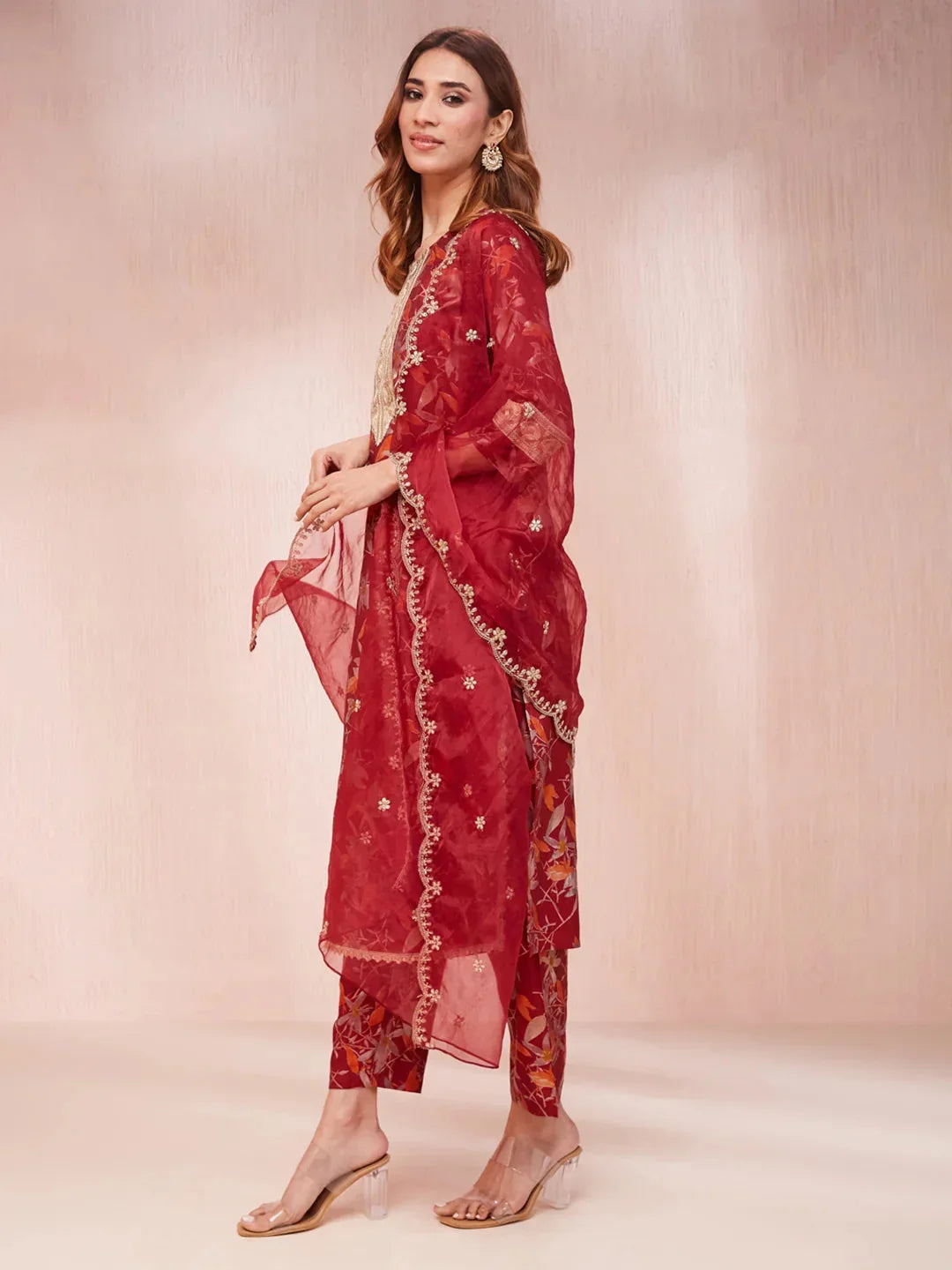 Yufta Maroon Floral Print Sequins_Work Straight Kurta Trouser And Dupatta Set | Grocsy