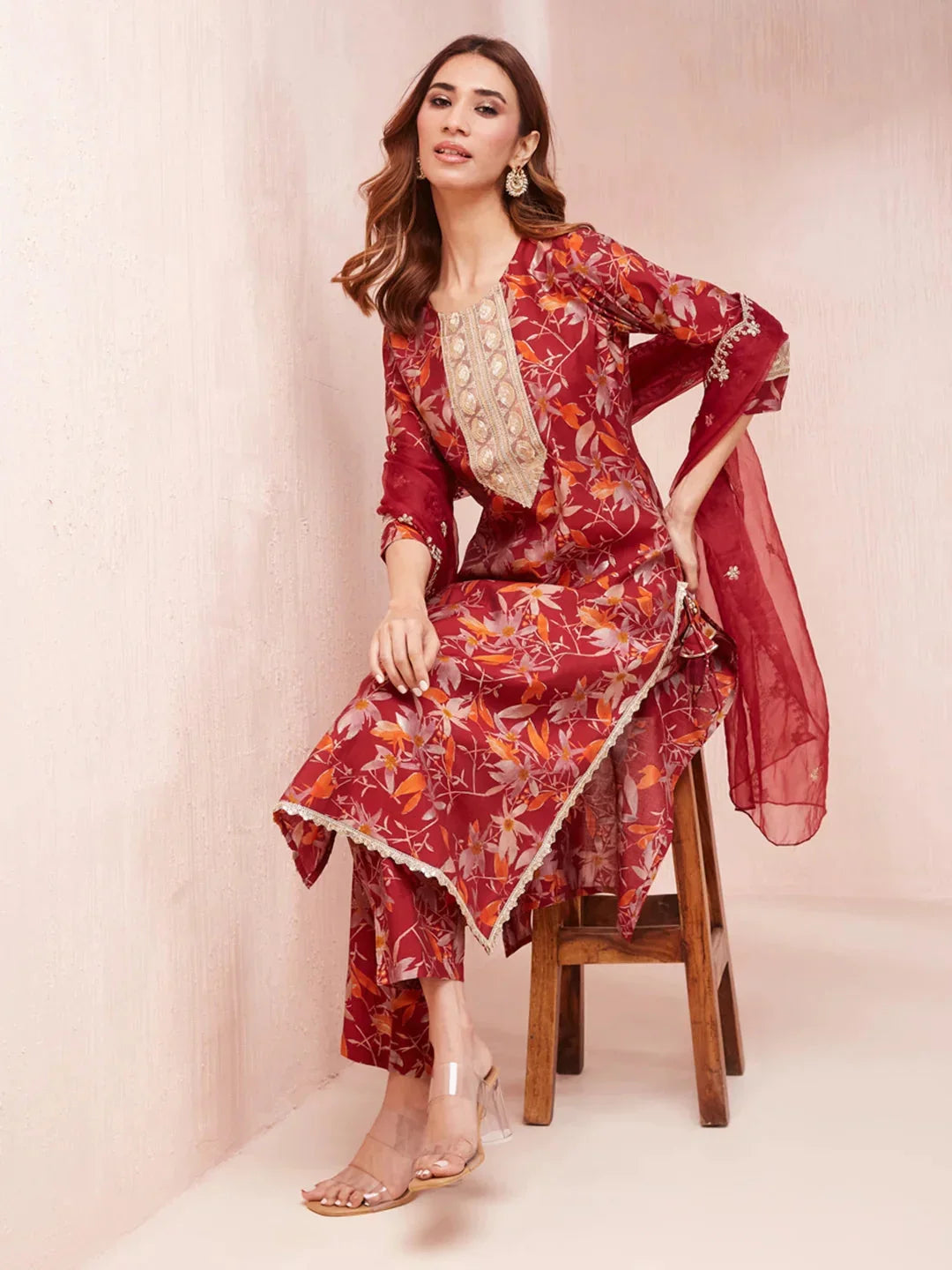Yufta Maroon Floral Print Sequins_Work Straight Kurta Trouser And Dupatta Set | Grocsy