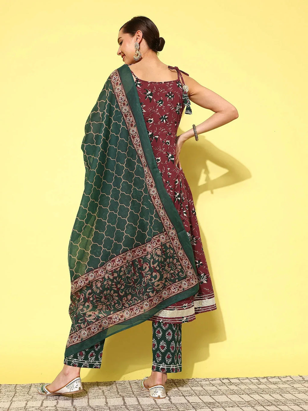 Yufta Maroon Floral Printed Pleated Pure Cotton Kurta with Trousers & Dupatta | Grocsy