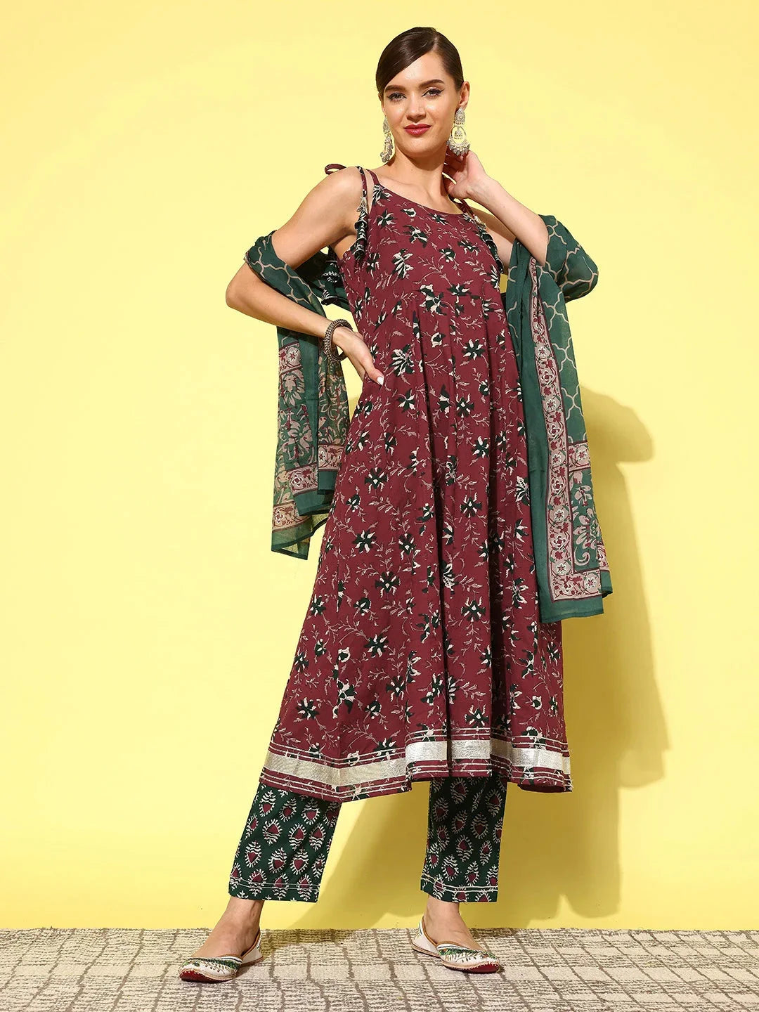 Yufta Maroon Floral Printed Pleated Pure Cotton Kurta with Trousers & Dupatta | Grocsy