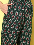 Yufta Maroon Floral Printed Pleated Pure Cotton Kurta with Trousers & Dupatta | Grocsy