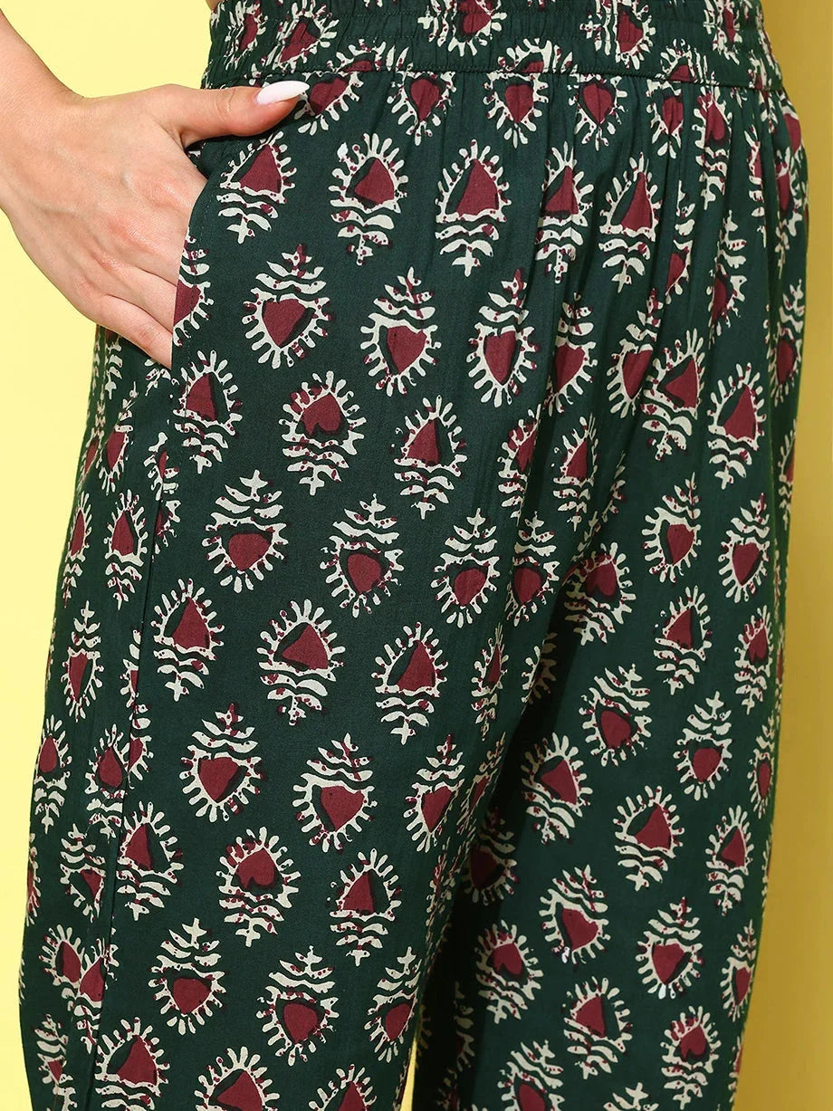 Yufta Maroon Floral Printed Pleated Pure Cotton Kurta with Trousers & Dupatta | Grocsy
