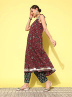 Yufta Maroon Floral Printed Pleated Pure Cotton Kurta with Trousers & Dupatta | Grocsy