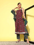 Yufta Maroon Floral Printed Pleated Pure Cotton Kurta with Trousers & Dupatta | Grocsy