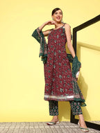 Yufta Maroon Floral Printed Pleated Pure Cotton Kurta with Trousers & Dupatta | Grocsy