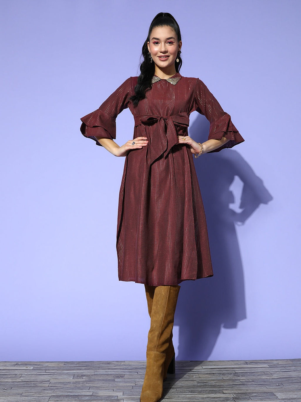 Yufta Maroon Peter Pan Collar Dress | Grocsy