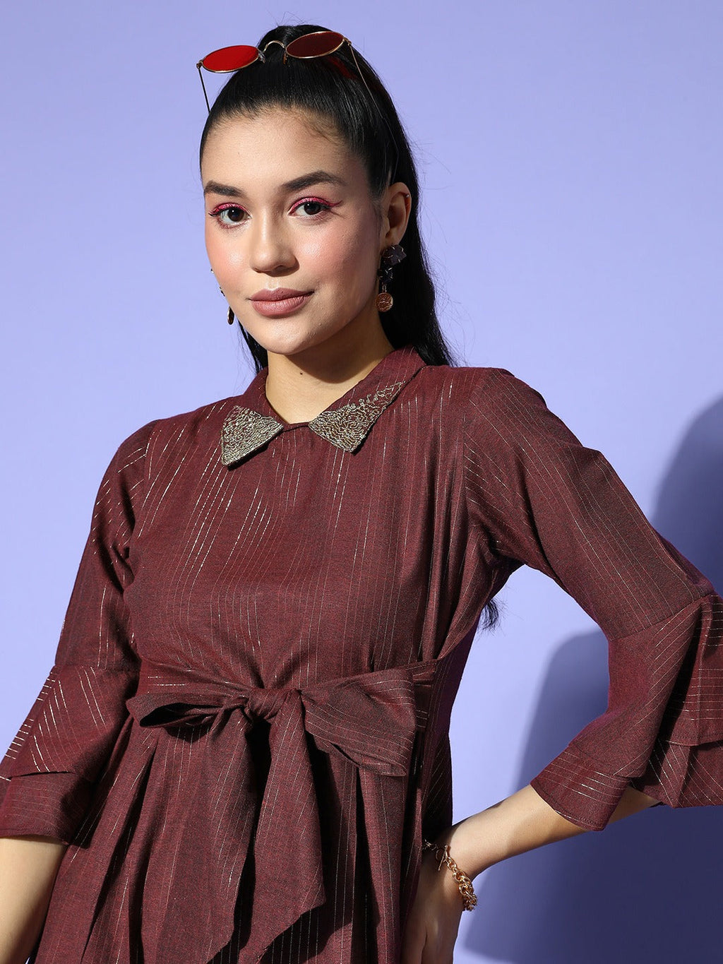 Yufta Maroon Peter Pan Collar Dress | Grocsy