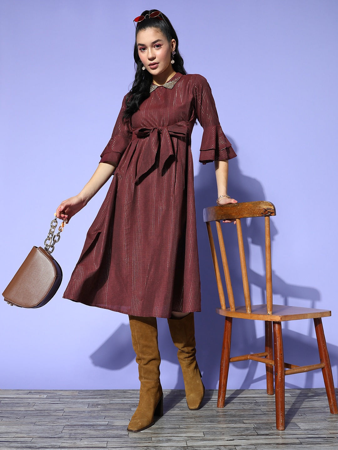 Yufta Maroon Peter Pan Collar Dress | Grocsy
