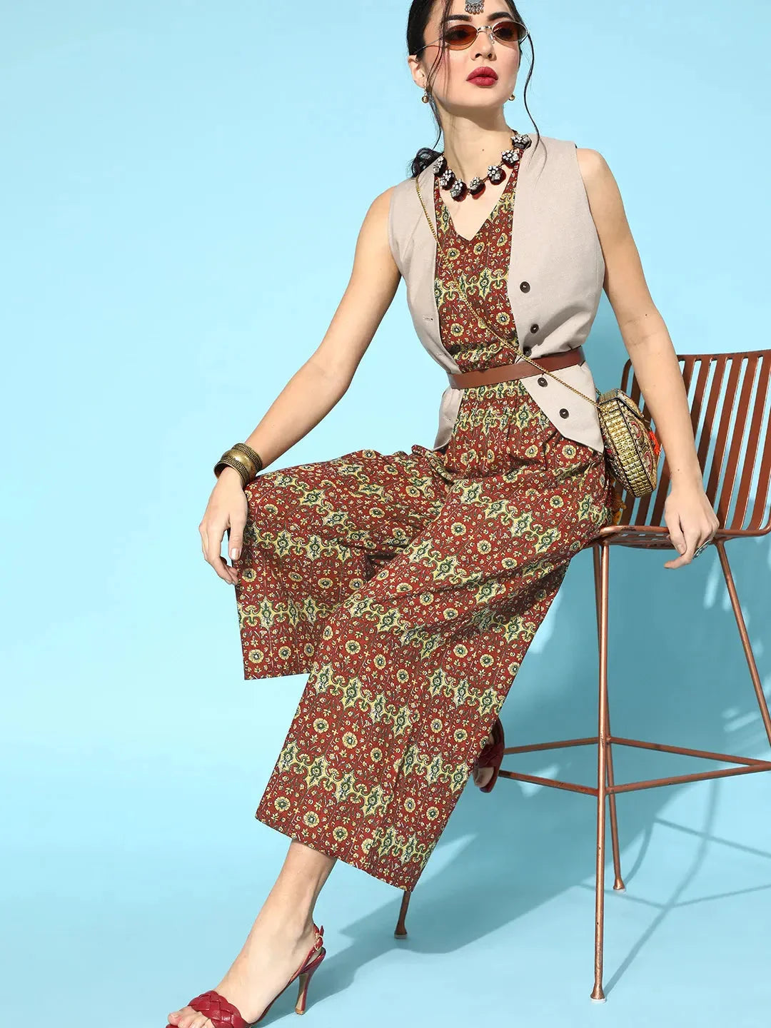 Yufta Maroon Printed Jumpsuit | Grocsy