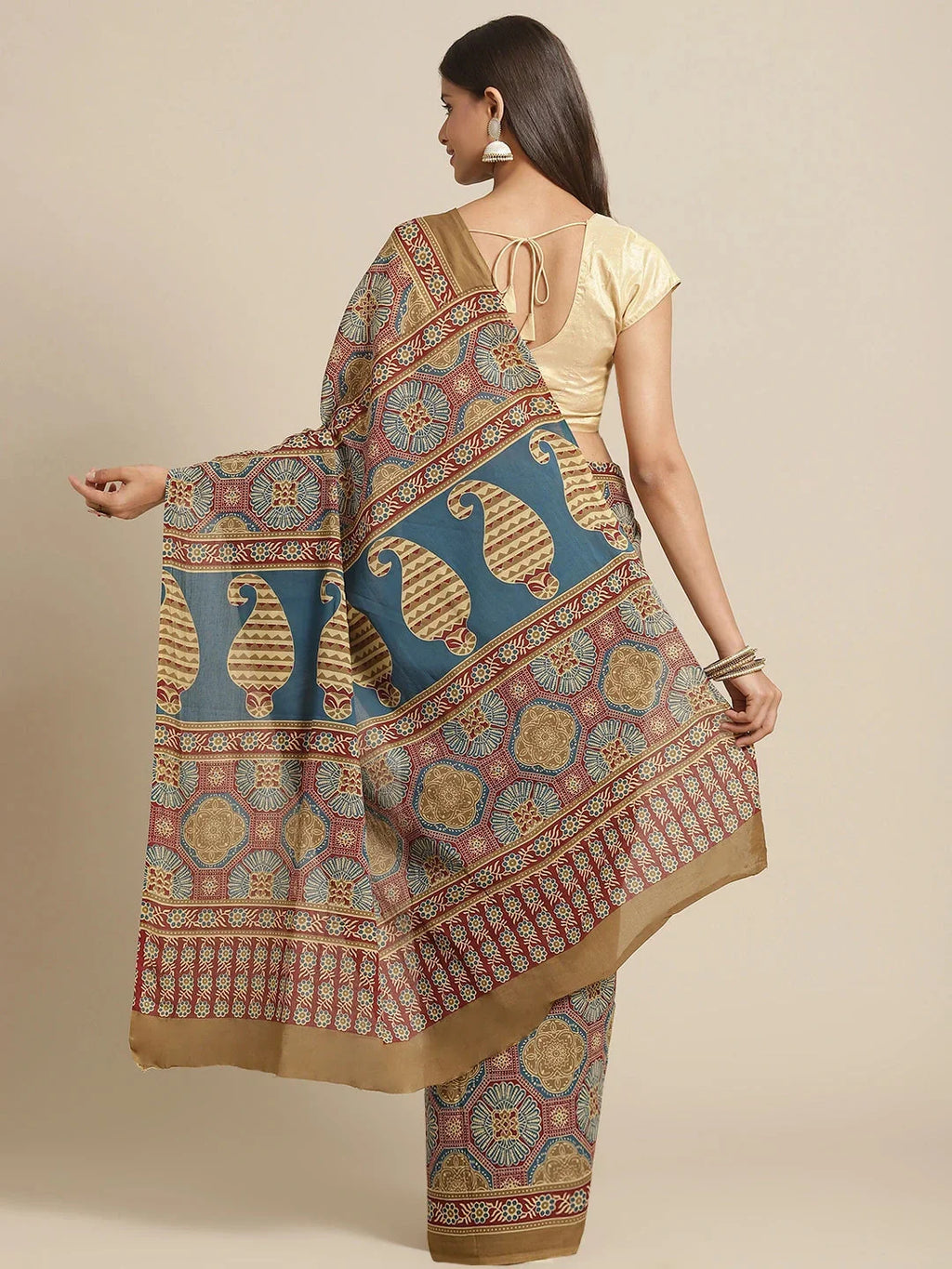 Yufta Maroon and Beige Printed Saree | Grocsy