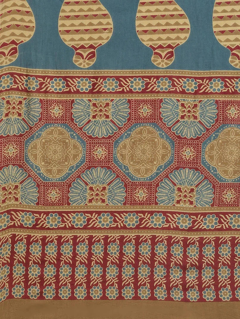 Yufta Maroon and Beige Printed Saree | Grocsy