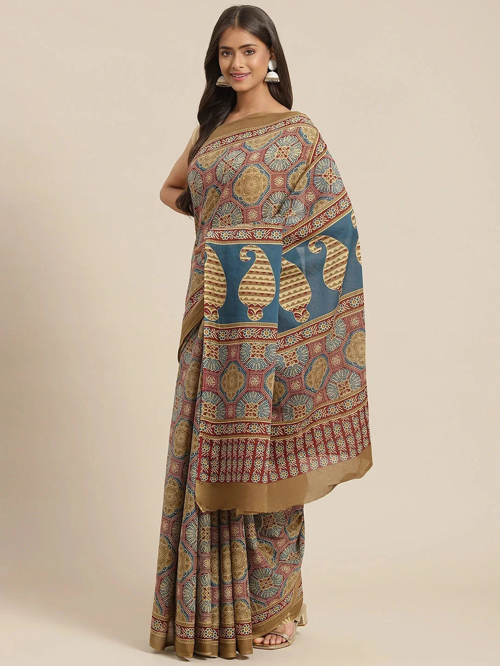 Yufta Maroon and Beige Printed Saree | Grocsy