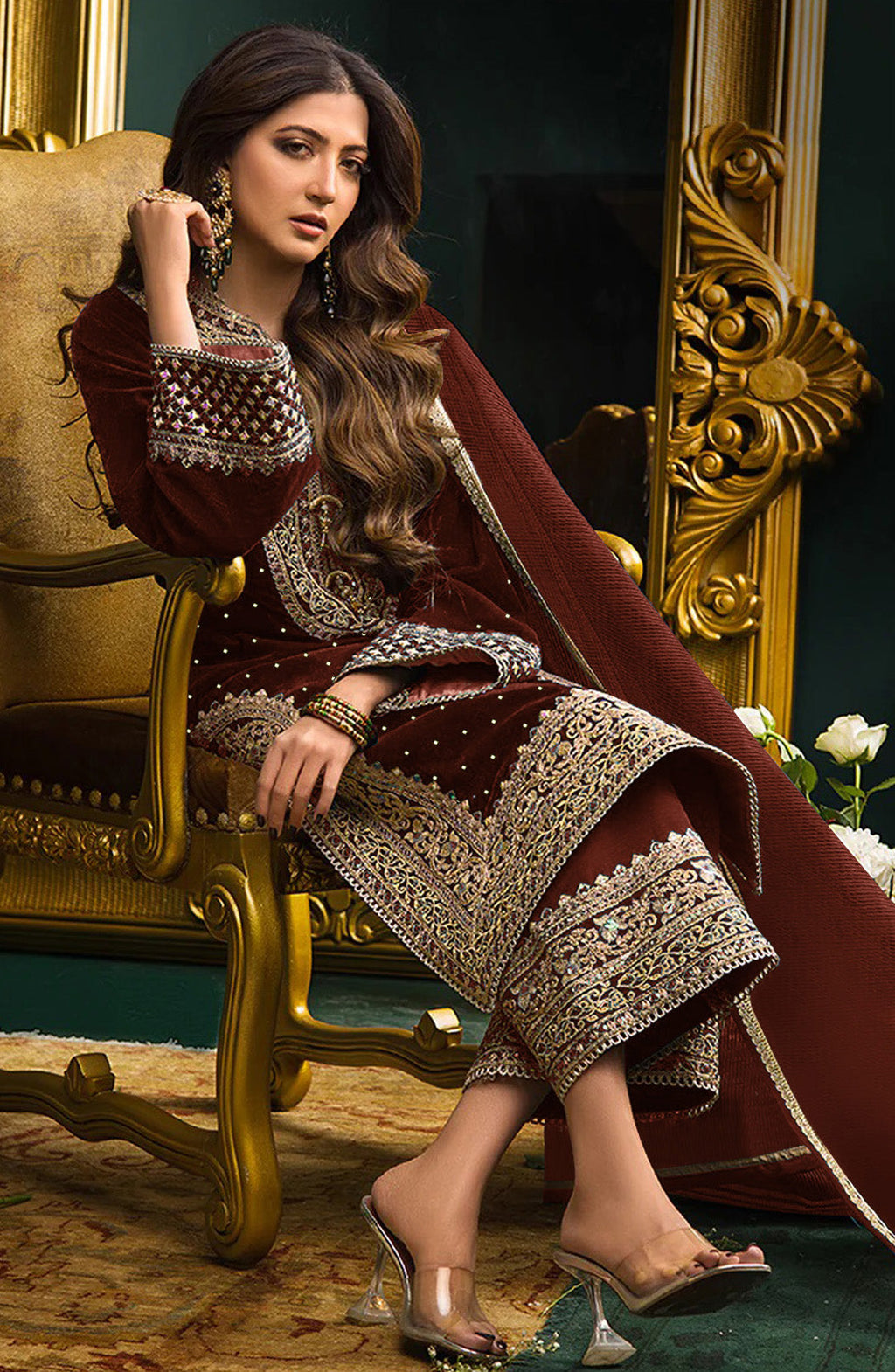 Lorenvalley Fashion Women Maroon Velvet Embroidered Salwar Suit Material | Grocsy