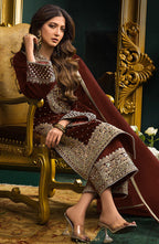 Lorenvalley Fashion Women Maroon Velvet Embroidered Salwar Suit Material | Grocsy