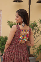 Lorenvalley Maroon Printed Cotton With Kutchi Gamthi Work and Kodi Lace Gown | Grocsy