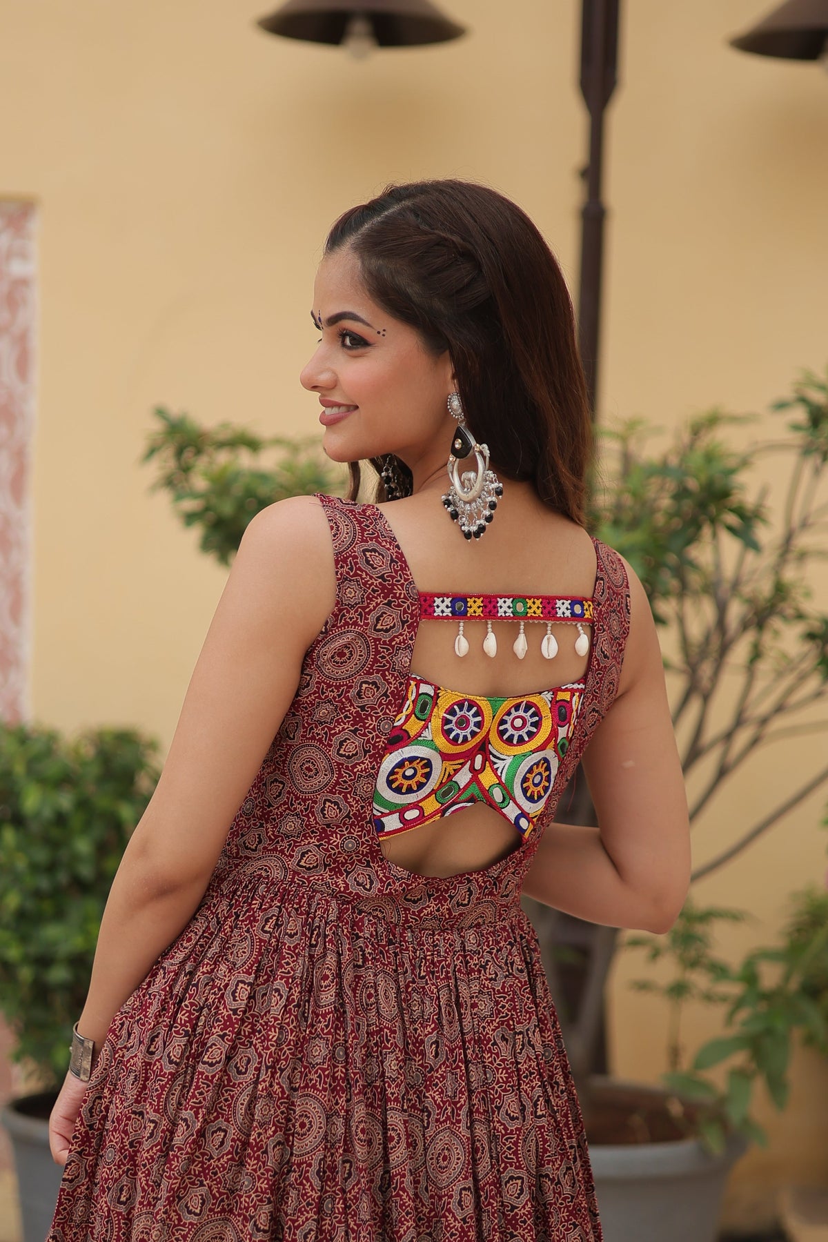 Lorenvalley Maroon Printed Cotton With Kutchi Gamthi Work and Kodi Lace Gown | Grocsy
