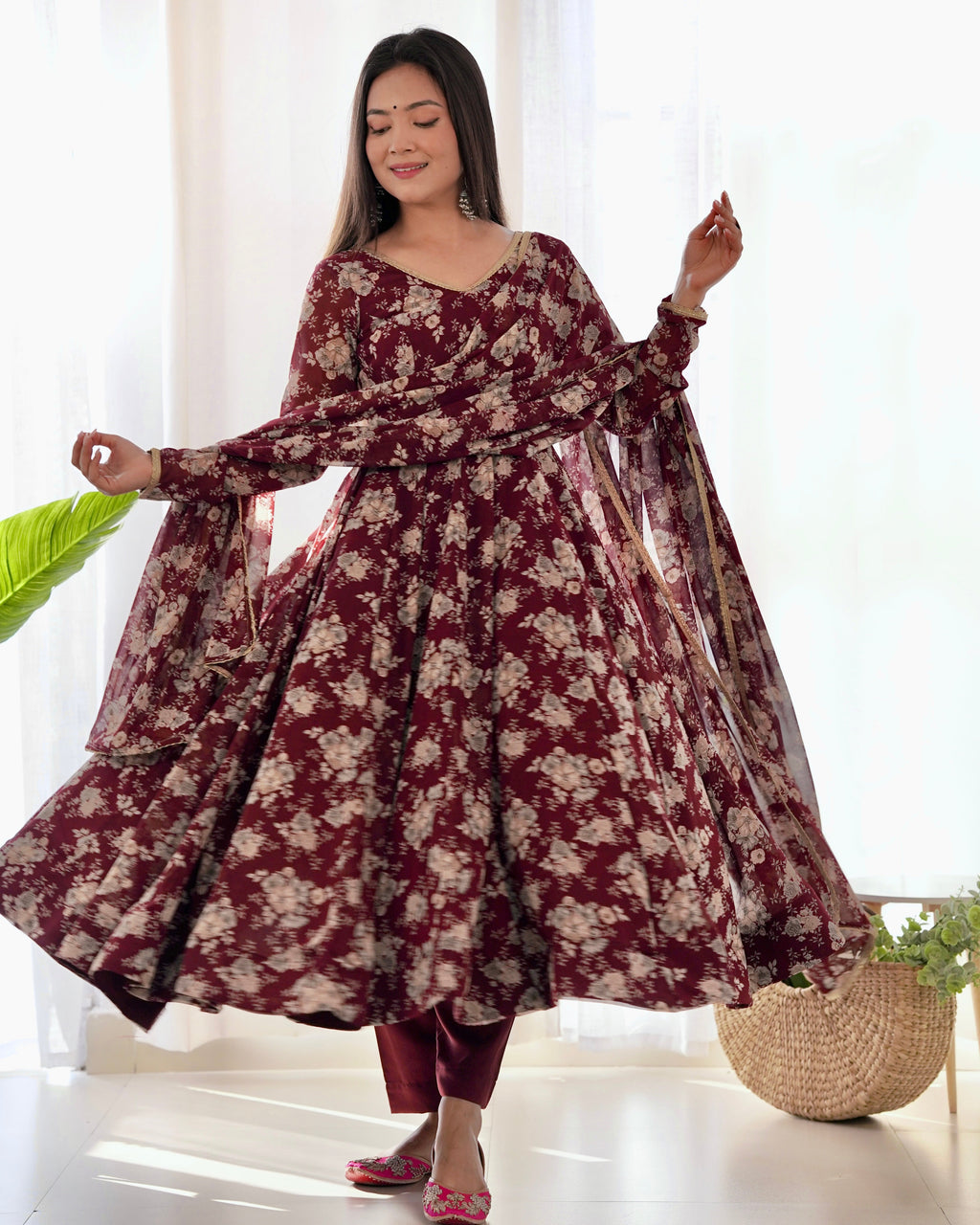 Lorenvalley Pure Faux Georgette Multi Floral Print Fully Flared Anarkali Pant With Dupatta Set - Maroon | Grocsy