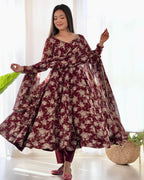 Lorenvalley Pure Faux Georgette Multi Floral Print Fully Flared Anarkali Pant With Dupatta Set - Maroon | Grocsy