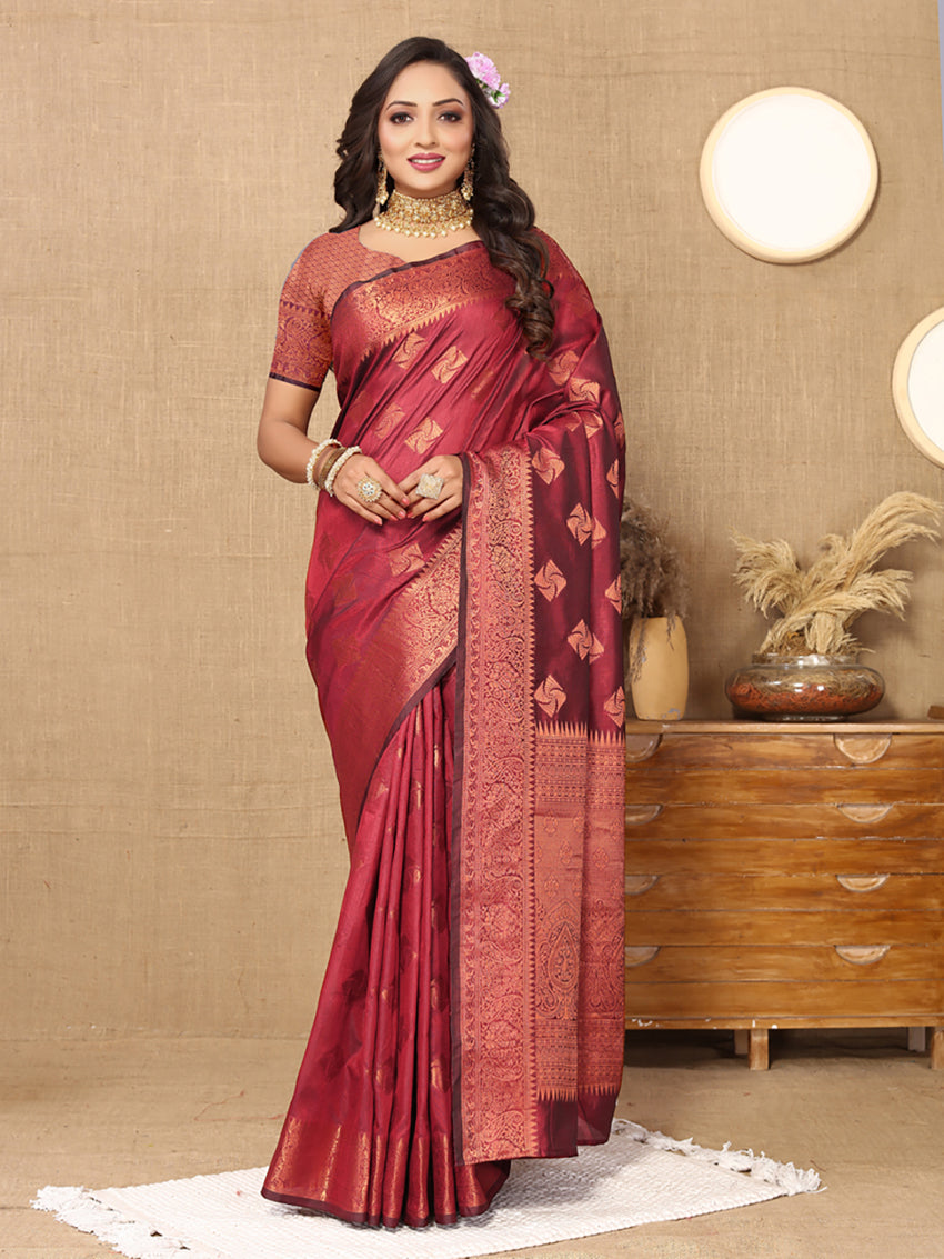 Lorenvalley Fashion Maroon Soft Katan Silk Woven Design Copper Zari Weaving Saree | Grocsy