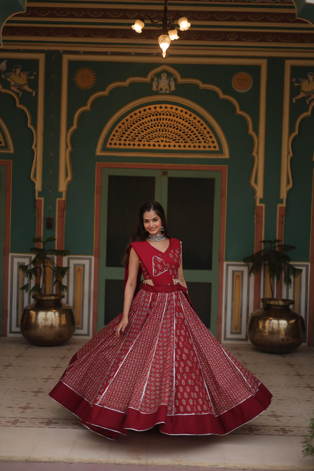 Lorenvalley Maroon Rayon Gota Patti Lace Printed Kali Pattern Lehenga Choli with Dupatta | Grocsy