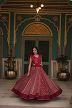 Lorenvalley Maroon Rayon Gota Patti Lace Printed Kali Pattern Lehenga Choli with Dupatta | Grocsy