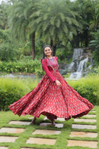 Lorenvalley Maroon Cotton Printed With Kutchi Gamthi Work and Kodi Lace Gown | Grocsy