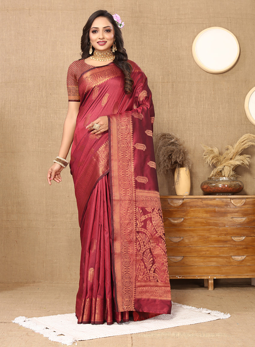 Lorenvalley Fashion Maroon Soft Katan Silk Woven Design Copper Zari Weaving Saree | Grocsy