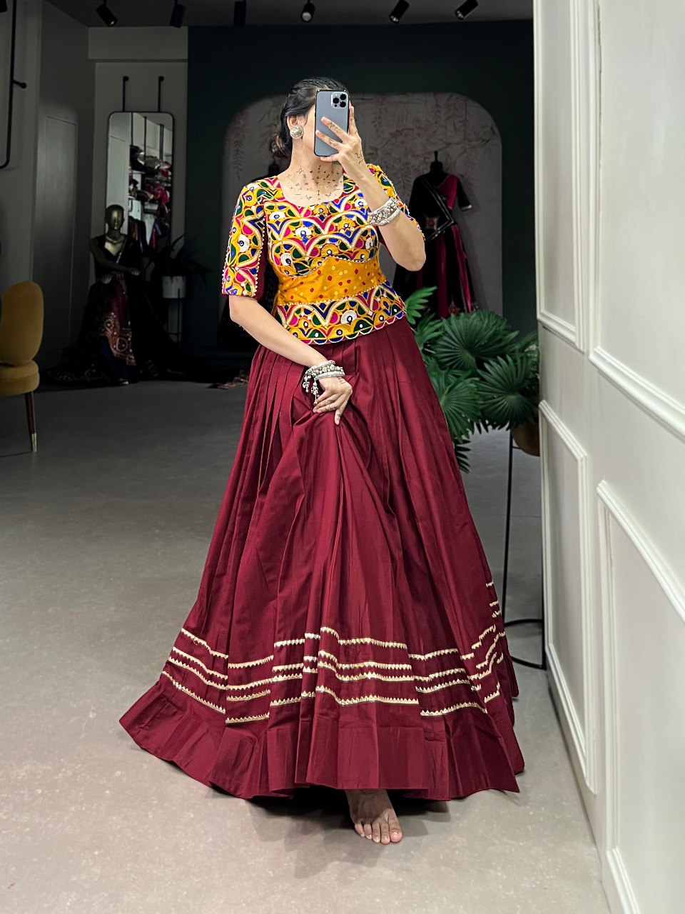 Lorenvalley Maroon Pure Cotton Plain With Gota Patti Touch Up Lehenga Choli | Grocsy
