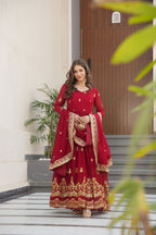 Lorenvalley Fashion Maroon Faux Georgette with Zari & Sequins Embroidered Work Anarkali Gown with Dupatta | Grocsy