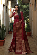 Lorenvalley Premium Pure Handmade Bandhej Kanjivaram silk saree with Zari Weaving Rich Pallu saree - Maroon | Grocsy