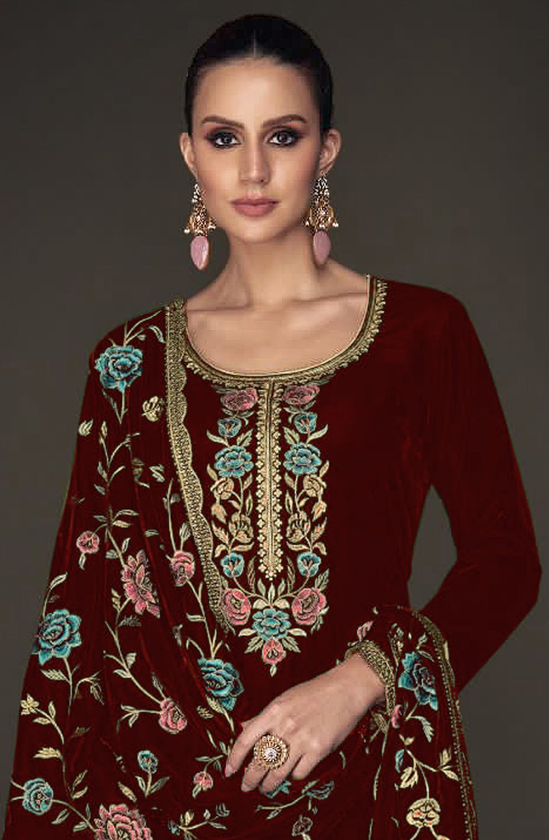 Lorenvalley Fashion Women Maroon Velvet Embroidered Salwar Suit Material | Grocsy