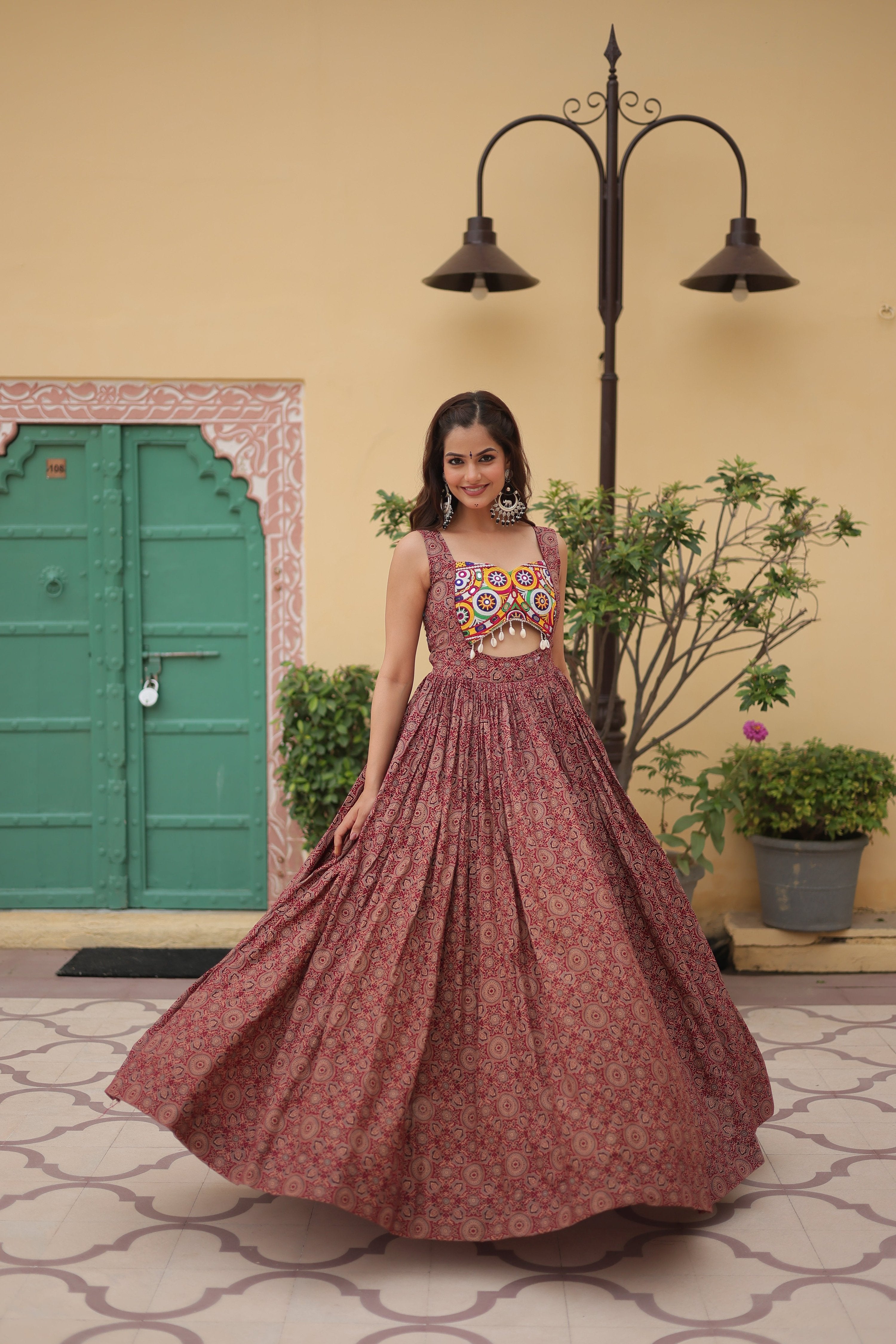 Lorenvalley Maroon Printed Cotton With Kutchi Gamthi Work and Kodi Lace Gown | Grocsy