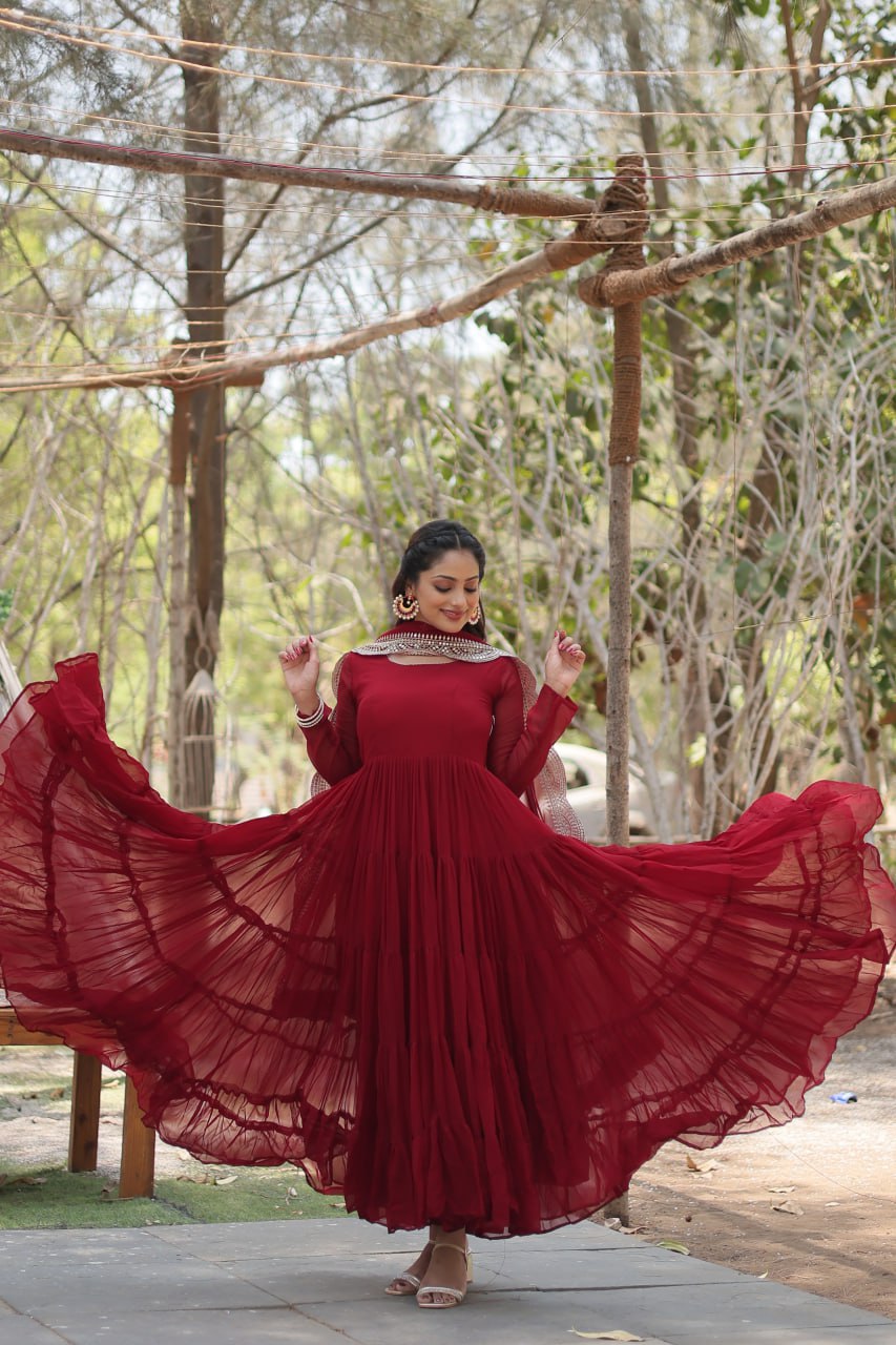 Evanik Maroon Faux Blooming Gown With Dupatta With Rich Sequins Embroidered work | Grocsy
