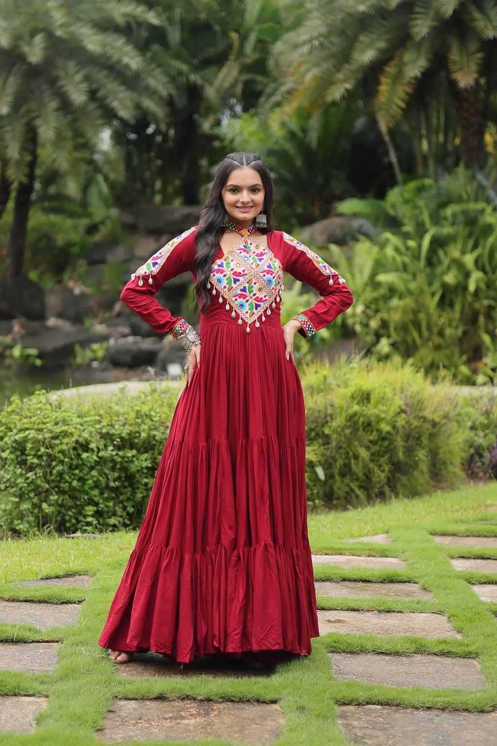Lorenvalley Maroon Rayon Fabric with Kutchi Gamthi work Gown | Grocsy