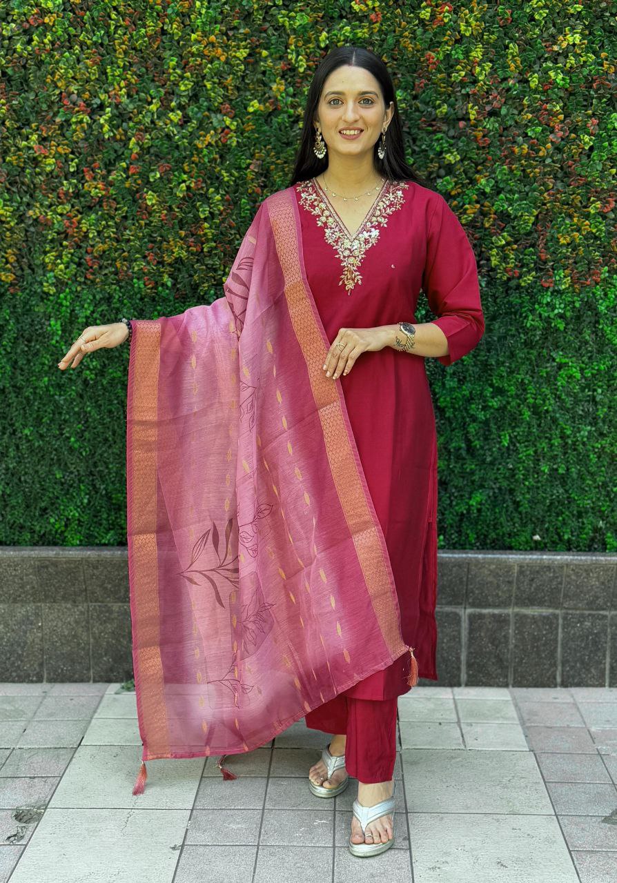 Lorenvalley Fashion Maroon Roman Silk Hand Work Kurta Pant with Dupatta | Grocsy