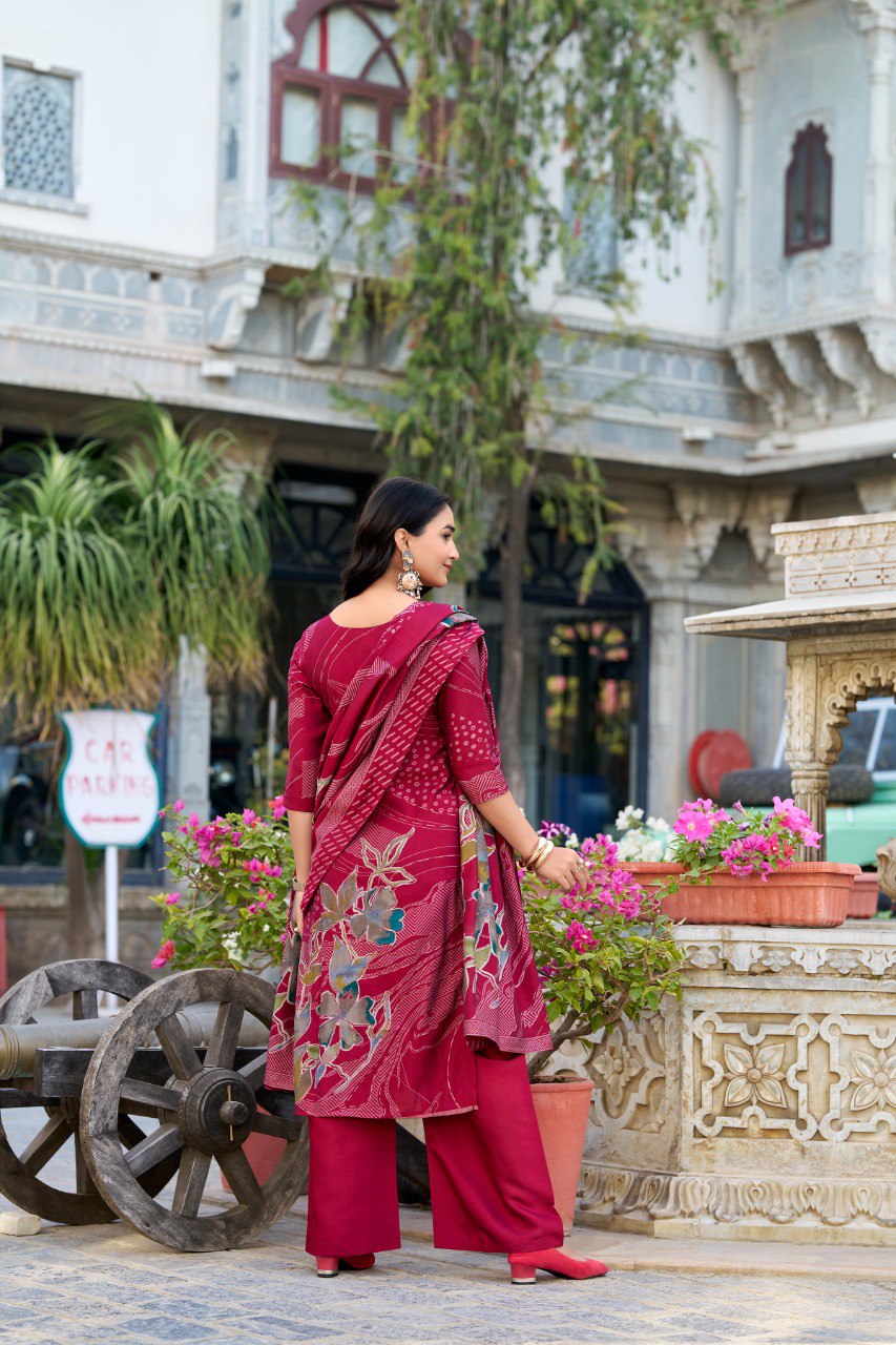 Lorenvalley Maroon Roman Silk Floral Print With Beets Handwork Kurta Set | Grocsy