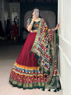 Lorenvalley Fashion Maroon Tasar Silk Print with Foil Work and Real Mirror Gamthi Work with Lace Touch Up Lehenga Choli with Dupatta | Grocsy