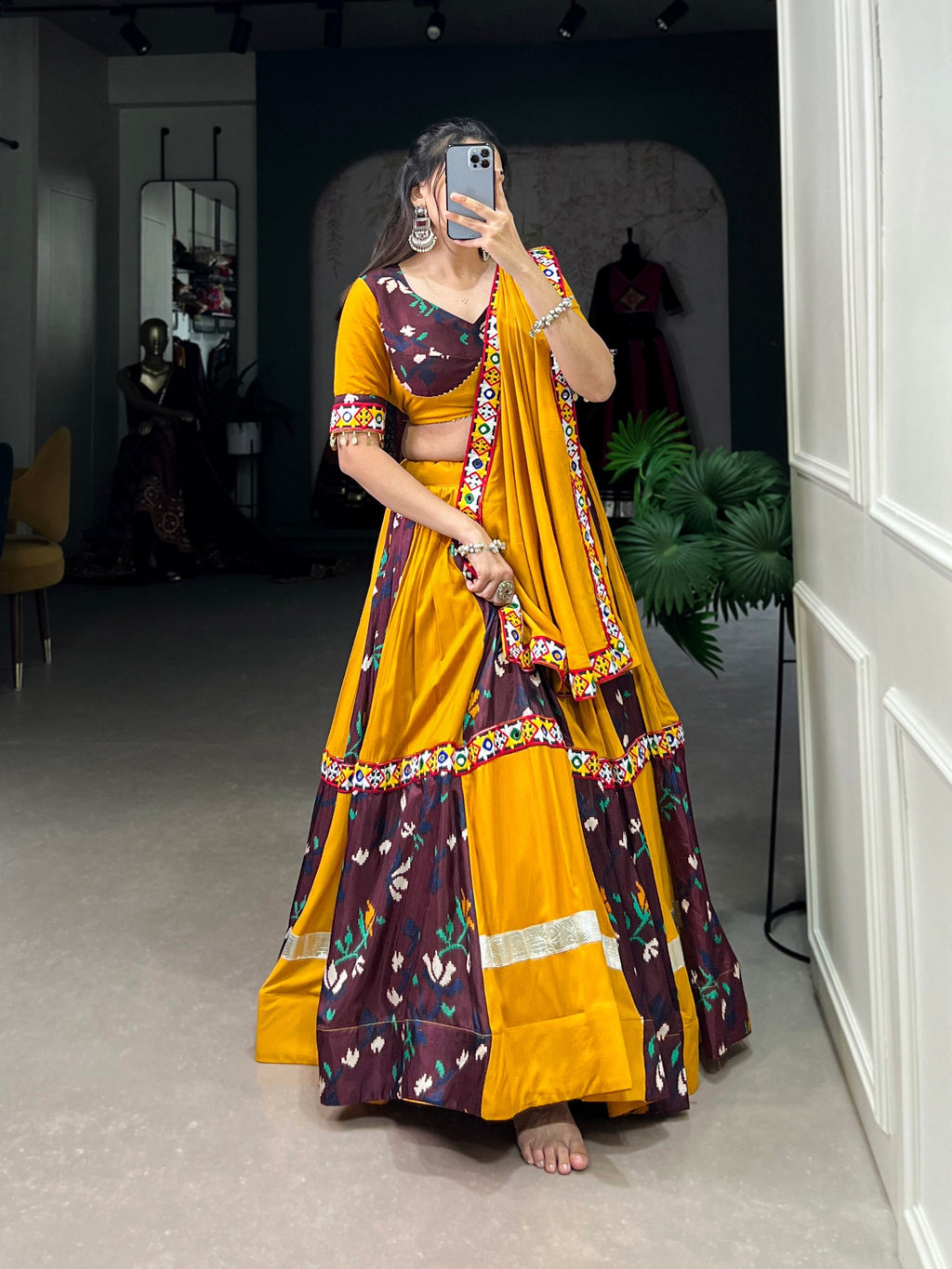 Lorenvalley Yellow and Wine Rayon with Printed Silk Original Mirror Gamthi Work and Embossed Design Gota Lehenga Choli with Dupatta | Grocsy