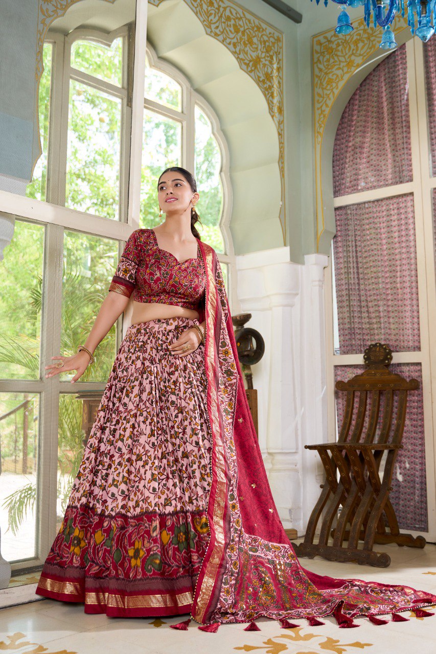Lorenvalley Maroon Tussar Silk Floral Print with Foil Print Lehenga Choli with Dupatta | Grocsy