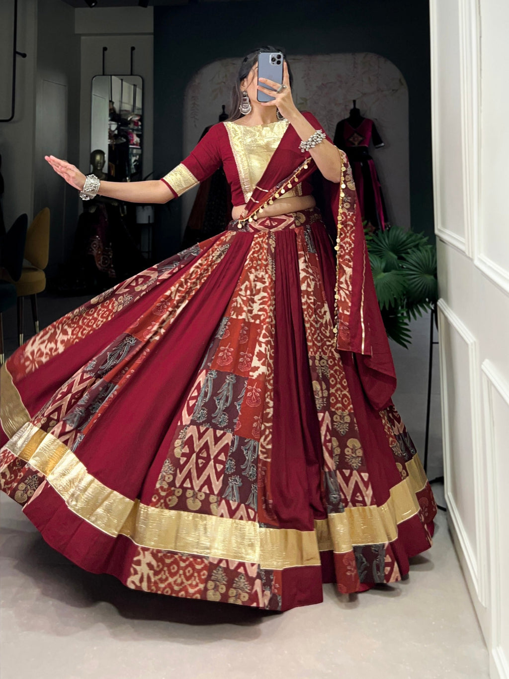 Lorenvalley Maroon Rayon and Tussar Silk Plain And Printed With Embossed Design Gota Lace Lehenga Choli with Dupatta | Grocsy