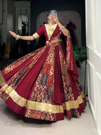 Lorenvalley Maroon Rayon and Tussar Silk Plain And Printed With Embossed Design Gota Lace Lehenga Choli with Dupatta | Grocsy